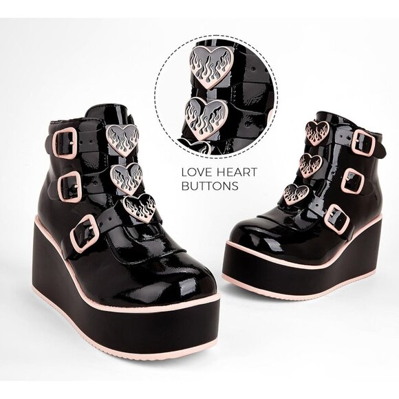 🆕 Goth Platform Chunky Ankle Boots Black Pink PU Wedge Zip Buckle Rave Booties - Picture 2 of 8